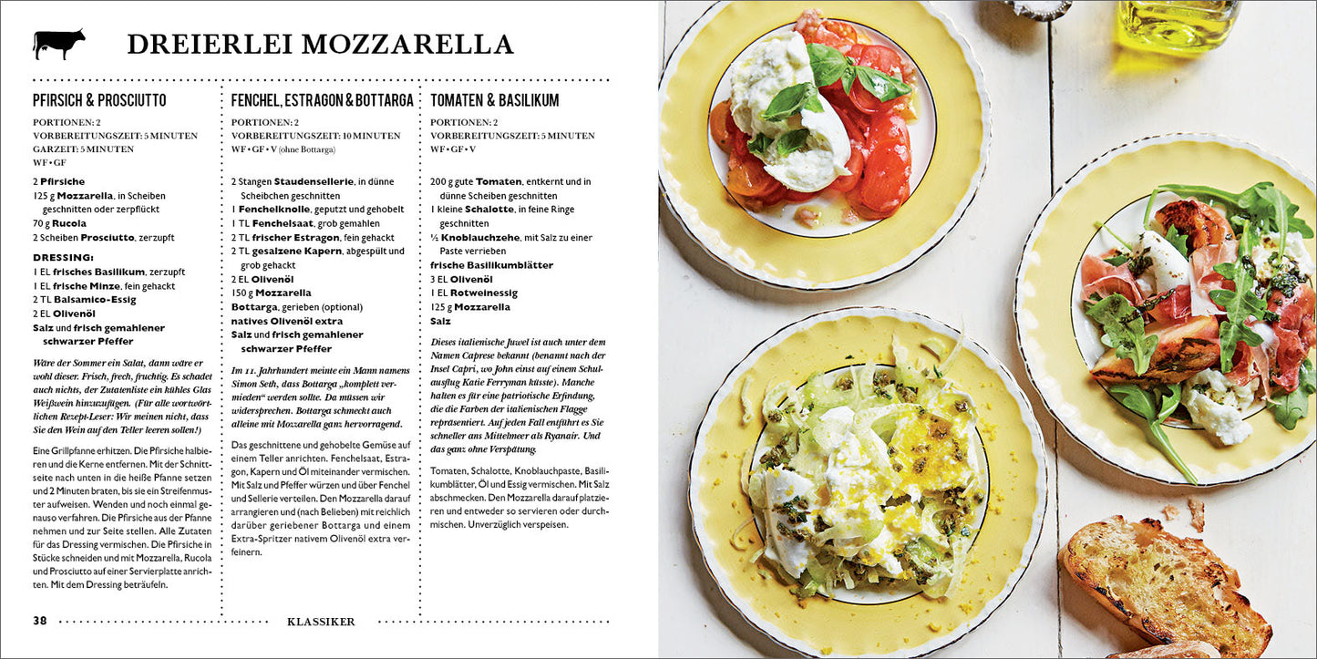 Eine Kochbuchseite aus "LEON. Hundert Salate" aus dem Dumont Verlag zeigt auf der linken Seite drei Mozzarella-Rezepte mit Zutaten und Anleitung, auf der rechten Seite vier bunte Mozzarella-Salate mit Kräutern, Gemüse, geröstetem Brot und Wasser.