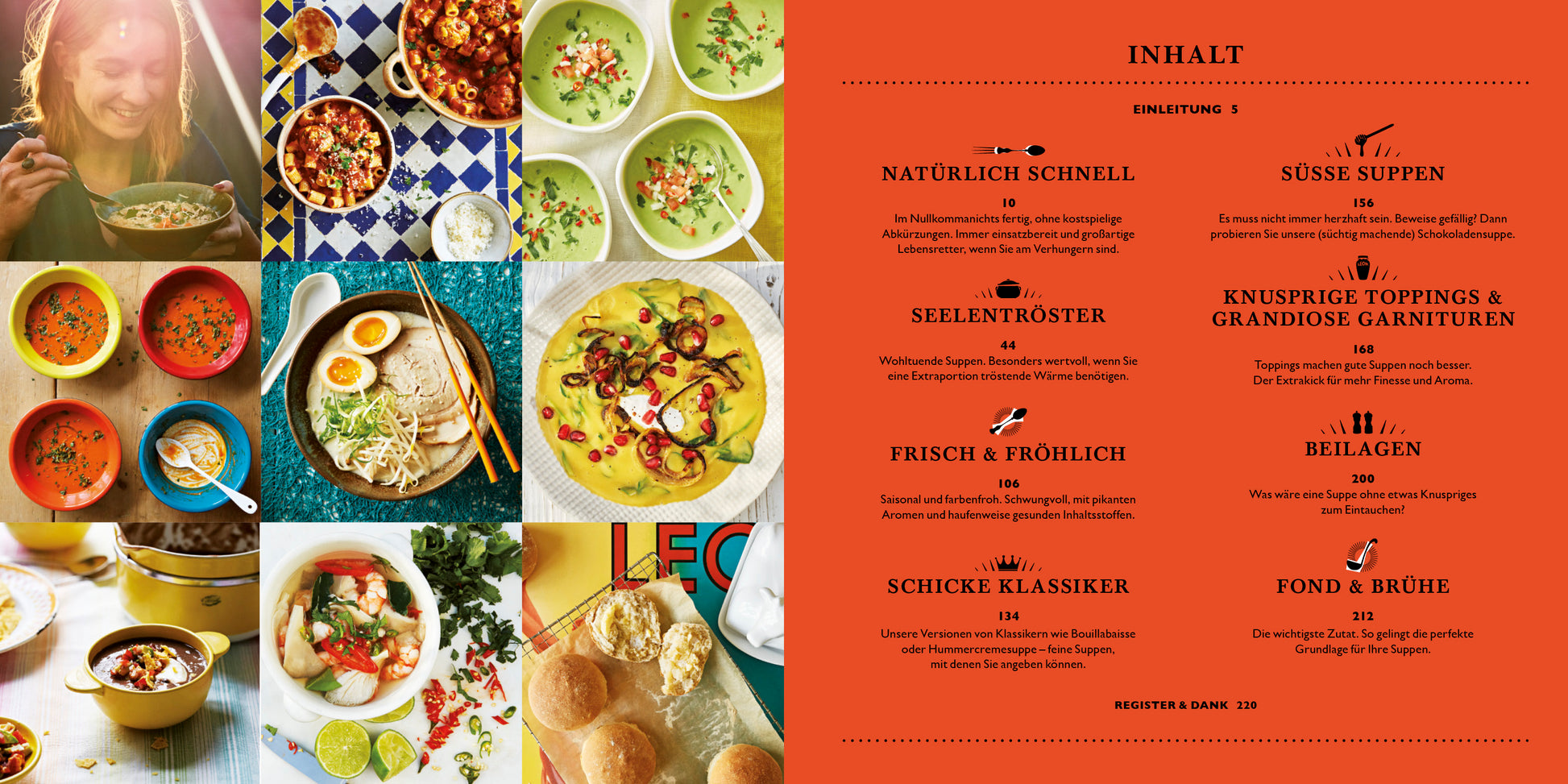 Eine Collage aus bunten Suppen und Schalen mit Toppings aus "LEON. Hundert Suppen." aus dem Dumont Verlag; rechts ein leuchtend orangefarbenes deutsches Inhaltsverzeichnis mit Kategorien wie "Süße Suppen" und "Frisch & Fröhlich".