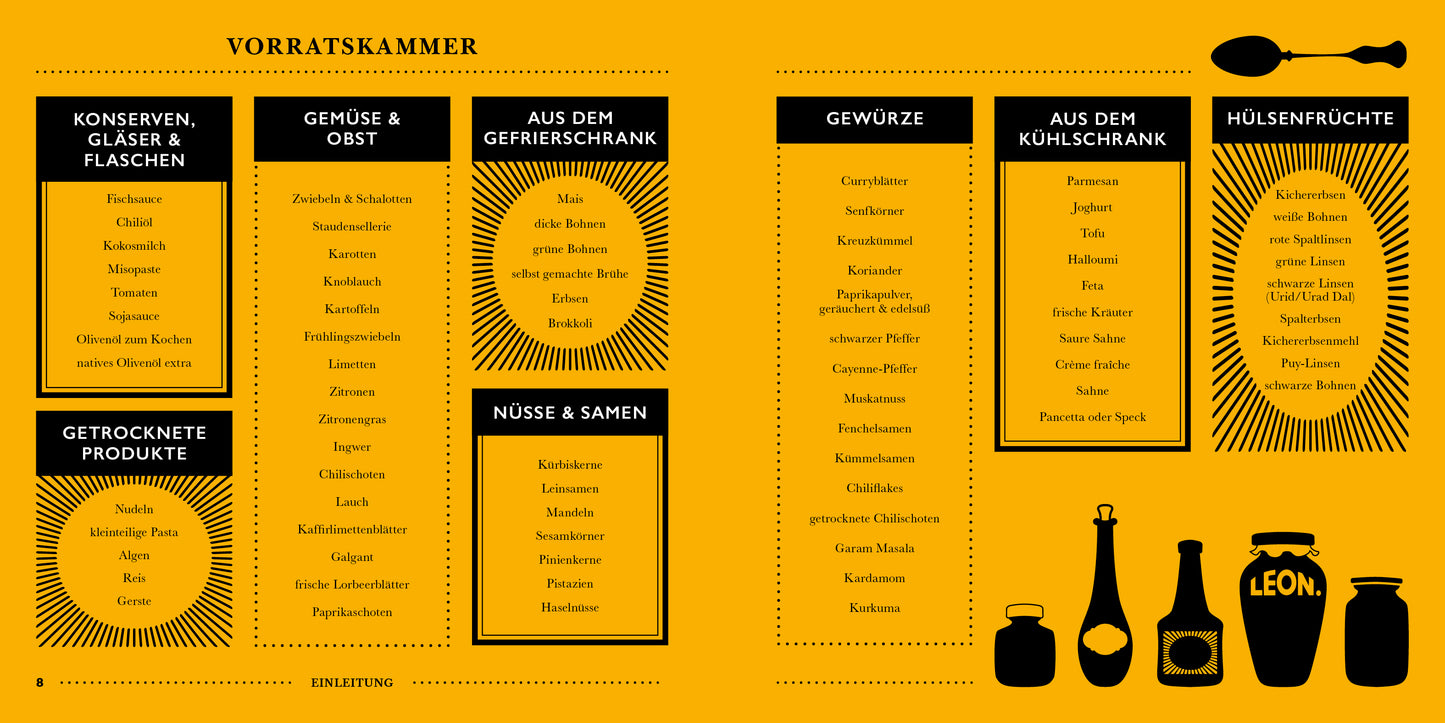 LEON. Hundert Suppen vom Dumont Verlag: eine gelbe deutsche Vorratsliste mit schwarzer Schrift, die Kategorien wie Konserven, Gemüse, Toppings, Tiefkühlkost, Gewürze und Hülsenfrüchte sowie Symbole für Gläser und Küchenutensilien enthält.