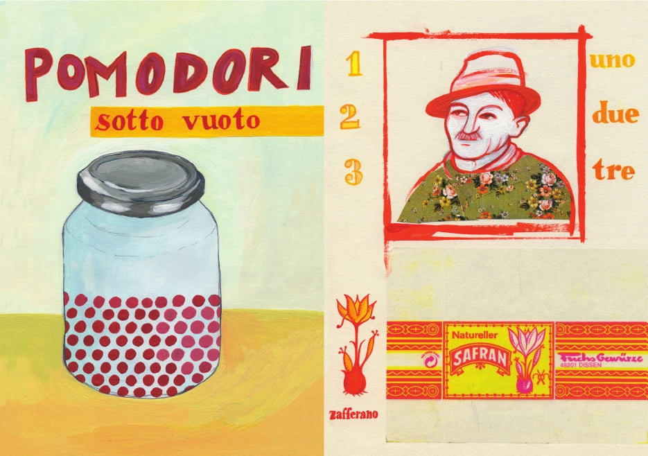 Eine illustrierte Seite für „La nonna La cucina La vita“ vom Gerstenberg Verlag zeigt ein Pomodori-Sotto-Vuoto-Glas, eine rot umrandete Figur mit Hut, italienischen und französischen Text, florale Akzente, ein Safran-Etikett und Hinweise auf die ligurische Kochtradition.