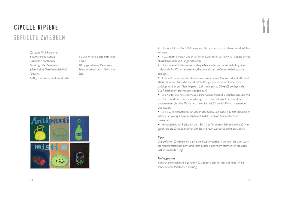 Die Kochbuch-Seite aus „La nonna La cucina La vita“ vom Gerstenberg Verlag zeigt ein Rezept für Cipolle Ripiene mit Zutaten und Anleitung auf Deutsch samt Antipasti-Illustration, inspiriert von italienischen Familienrezepten.