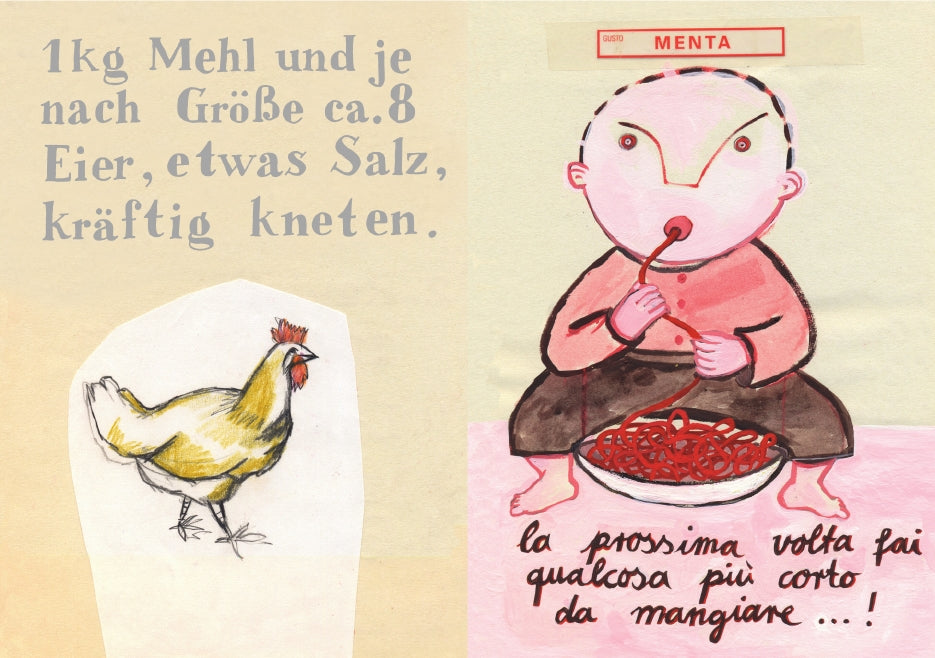Eine Zeichnung eines Huhns und einer Person, die lange Spaghetti essen, mit deutschem Text aus „La nonna La cucina La vita“ des Gerstenberg Verlags und einem italienischen Spruch: „Mach dir das nächste Mal etwas Kurzes zum Essen!“.