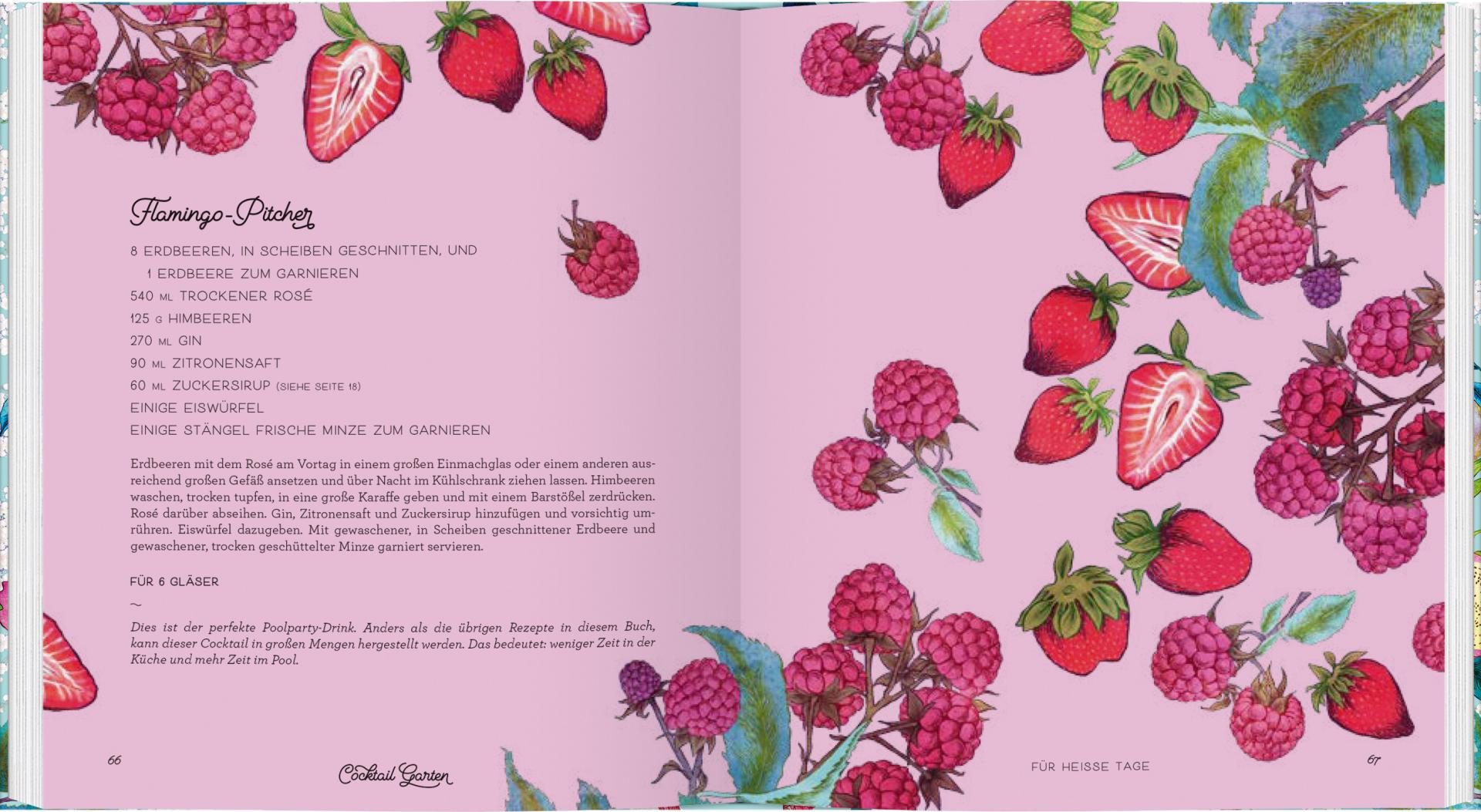 Ein illustriertes Rezeptbuch aus dem "Cocktail Garten" des Gerstenberg Verlags zeigt einen rosafarbenen Hintergrund mit leuchtenden Erdbeeren, Himbeeren und grünen Blättern sowie ein deutsches "Flamingo-Pitcher"-Saison-Cocktailrezept mit Zutaten und Anleitung.