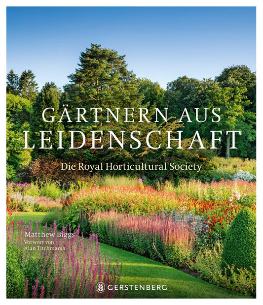 Cover von „Gärtnern aus Leidenschaft“ vom Gerstenberg Verlag. Es zeigt eine lebendige Mustergartenszene mit farbenfrohen Gärten und Bäumen. Titel und Markenname sind prominent platziert.