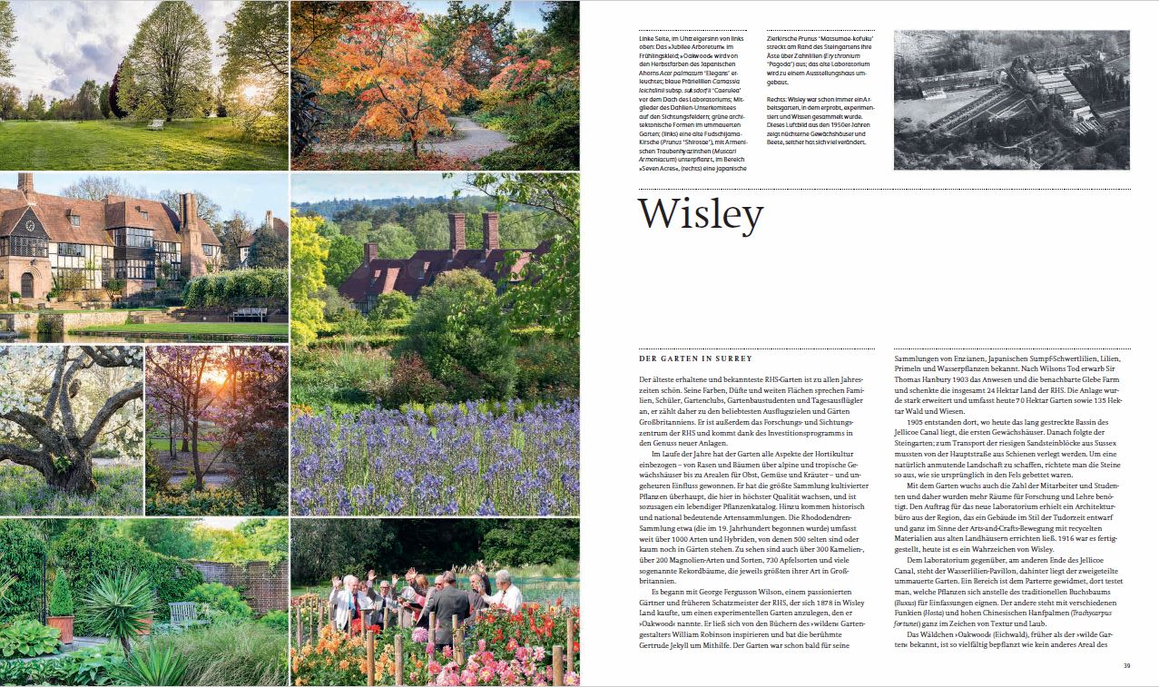 Eine Magazinstrecke mit Text über Wisley und neun Fotos von Gärten, Pflanzen, Bäumen, einem historischen Haus und Besuchern, die die farbenfrohen Mustergärten der Royal Horticultural Society erkunden – mit Schwerpunkt auf „Gärtnern aus Leidenschaft“ vom Gerstenberg Verlag.