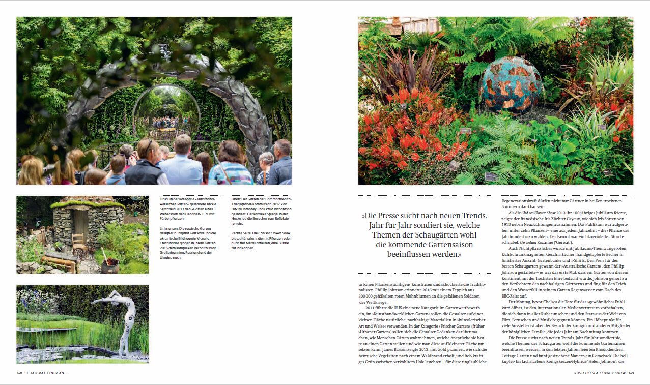 Eine Magazinstrecke präsentiert „Gärtnern aus Leidenschaft“ vom Gerstenberg Verlag mit Fotos von Metallbögen, Mooskugeln, Gartenteichen und rustikalen Bänken und spiegelt damit aktuelle deutsche Gartentrends und üppiges Grün wider.