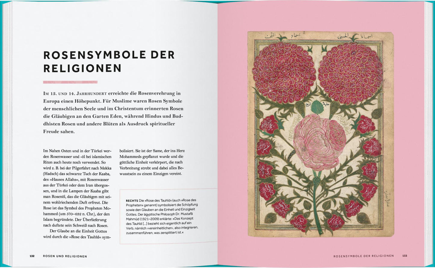 Eine Doppelseite aus "Rosen - Die Geschichte der Rosen" aus dem Gerstenberg Verlag zeigt auf der linken Seite den deutschen Titel Rosensymbole der Religionen mit Text und auf der rechten Seite eine mittelalterliche Illustration von zwei rosa Rosen - Symbole für Parfüm und Kultur.