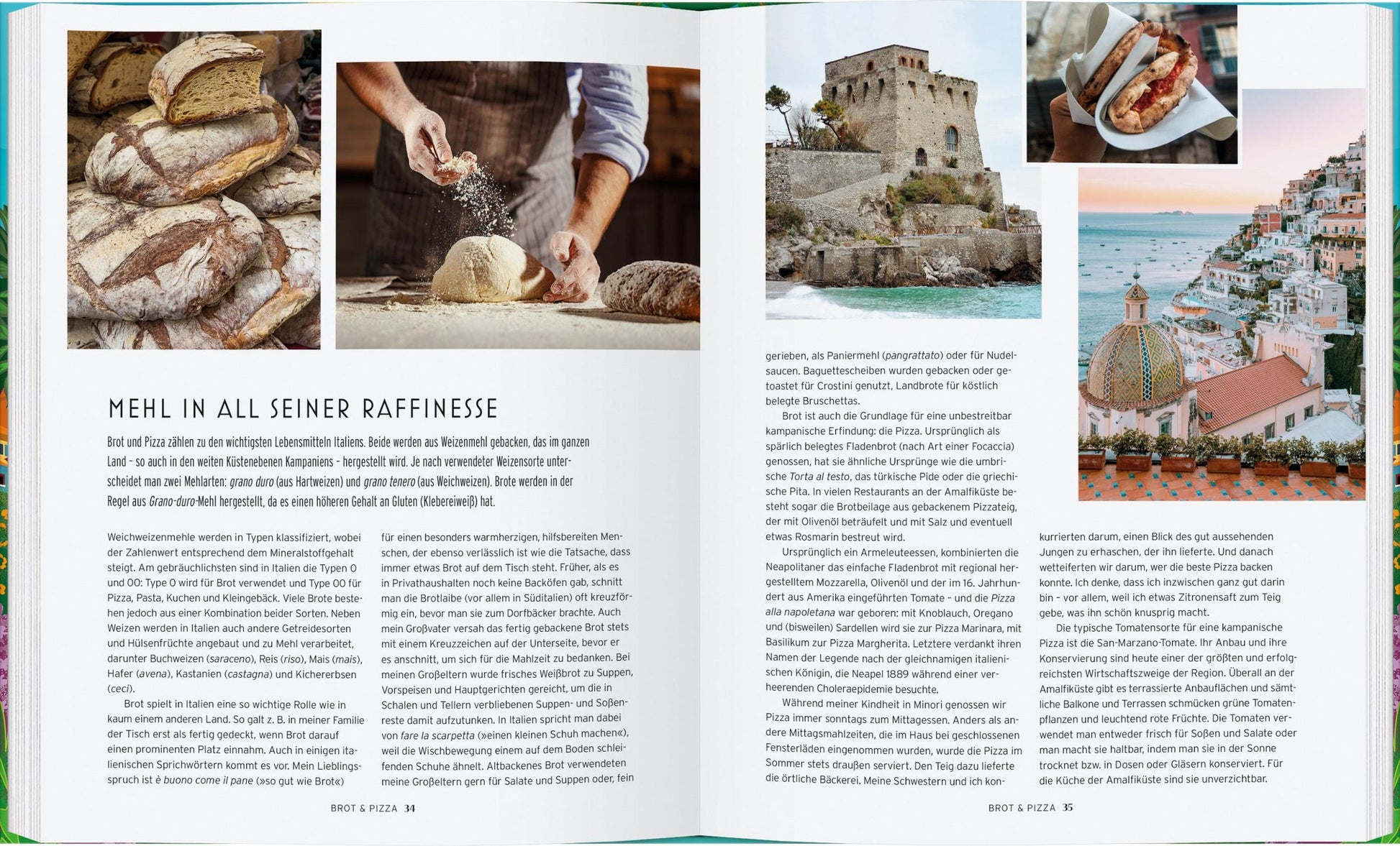 Die Küche von Amalfi vom Gerstenberg Verlag zeigt rustikales Brot, knetende Hände, ein malerisches Amalfi mit bunten Häusern und Türmen, Sandwiches und Meeresfrüchten sowie deutschen Text über authentische Rezepte aus der regionalen italienischen Küche.