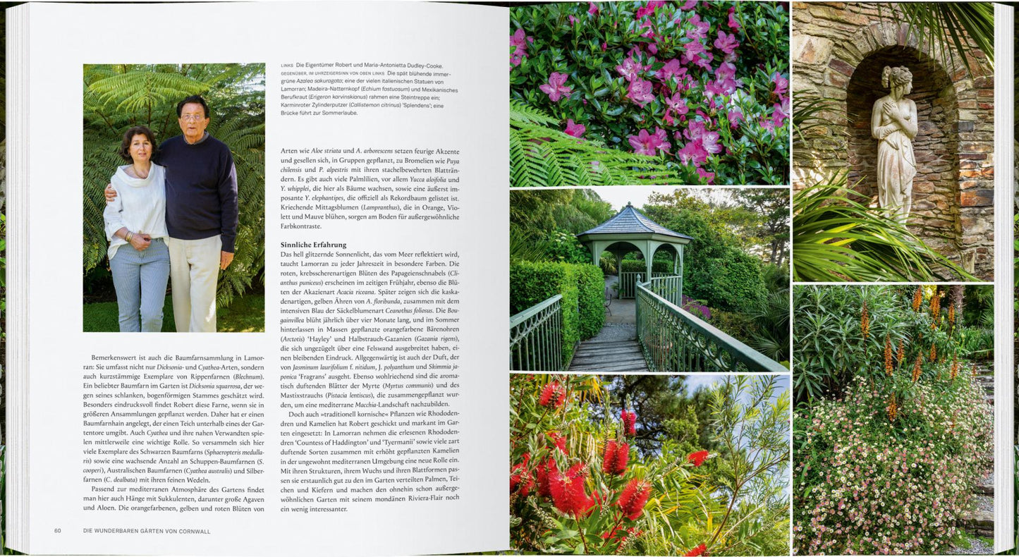 Eine Doppelseite aus "Die wunderbaren Gärten von Cornwall" des Gerstenberg Verlags zeigt links ein Paar mit deutschem Text, während die rechte Seite leuchtende Fotos von Blumen und Grünpflanzen zeigt, die den Reiz englischer Gärten und Cornwalls hervorrufen.