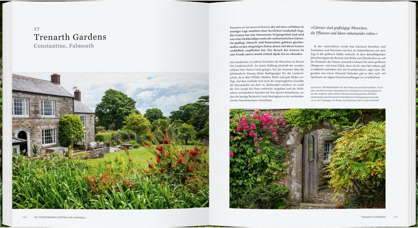 Eine Doppelseite aus "Die wunderbaren Gärten von Cornwall" aus dem Gerstenberg Verlag zeigt die Trenarth Gardens: links ein Steinhaus, Rasen und üppige Pflanzen, rechts ein Gartentor mit rosafarbenen Blumen; dazu ein zweisprachiger deutsch-englischer Text.