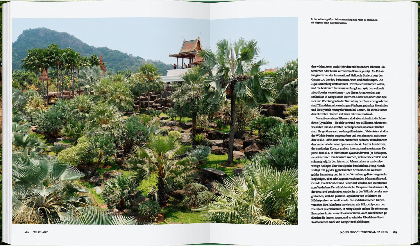 „Botanische Gärten“ vom Gerstenberg Verlag zeigt einen üppigen tropischen Garten mit Palmen, Pflanzen, Felsen, grünen Hügeln und einem traditionellen thailändischen Pavillon mit rotem Dach vor blauem Himmel.