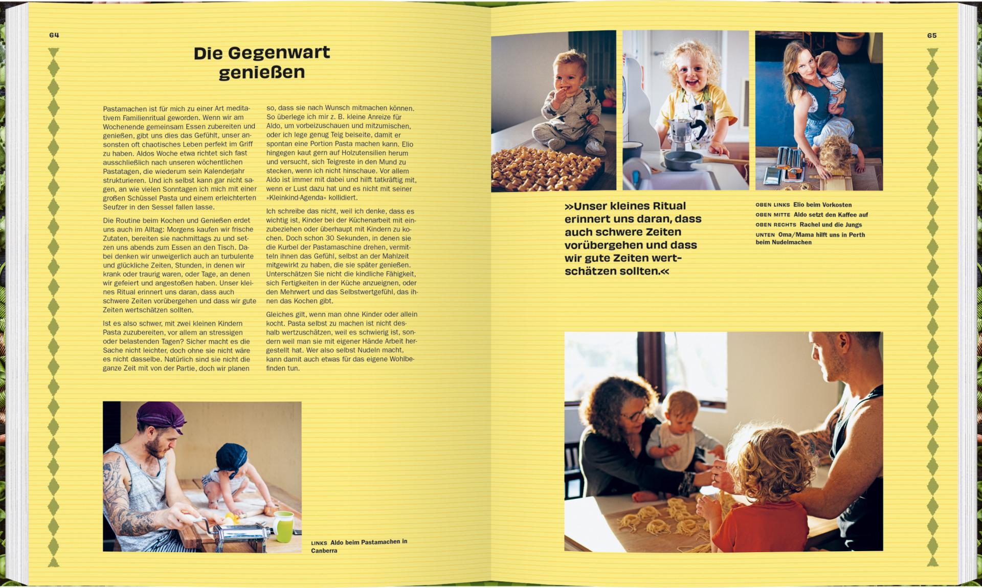 Eine Magazinseite zeigt eine Familie, die gemeinsam backt und isst, mit Kindern, die Kekse backen und eine Mahlzeit teilen, alles auf gelben Seiten mit deutschem Text, inspiriert von Pasta et al aus dem Gerstenberg Verlag.