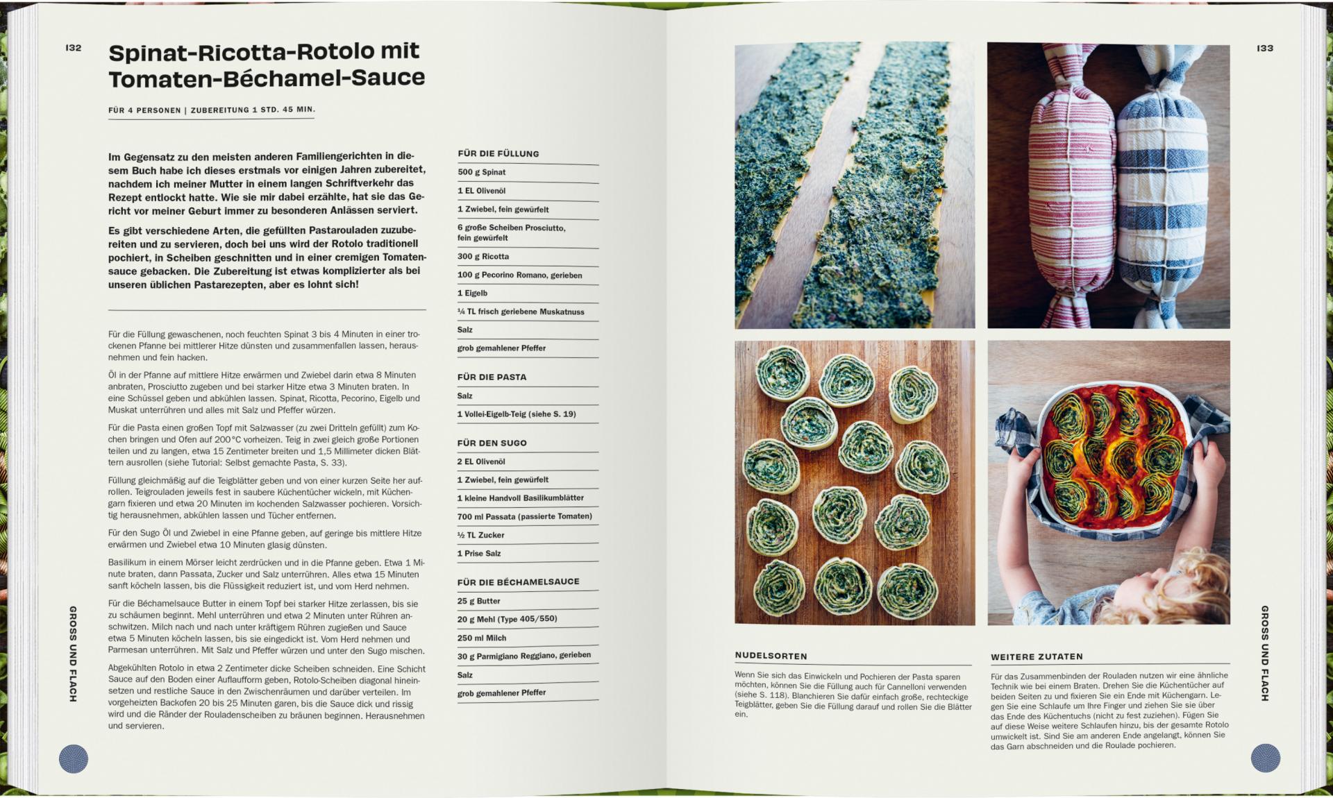 Ein Kochbuch, Pasta et al vom Gerstenberg Verlag, zeigt ein Spinat-Ricotta-Rotolo-Rezept neben sechs Fotos mit Pasta-Rezepten und Schritt-für-Schritt-Anleitungen für die Vorbereitung, das Zusammensetzen und das Backen von Spiralnudeln mit Gemüsebeilage.