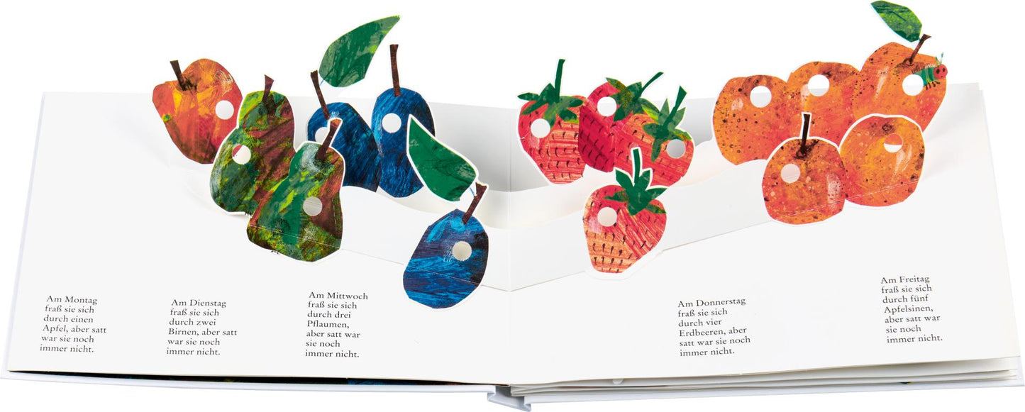 Die kleine Raupe Nimmersatt - Mein Pop-up" von Gerstenberg Verlag ist ein interaktives Kinderbuch mit deutschen Texten und farbenfrohen Obst-Illustrationen mit Löchern, darunter Apfel, Birne, Pflaume, Erdbeere und Orange.
