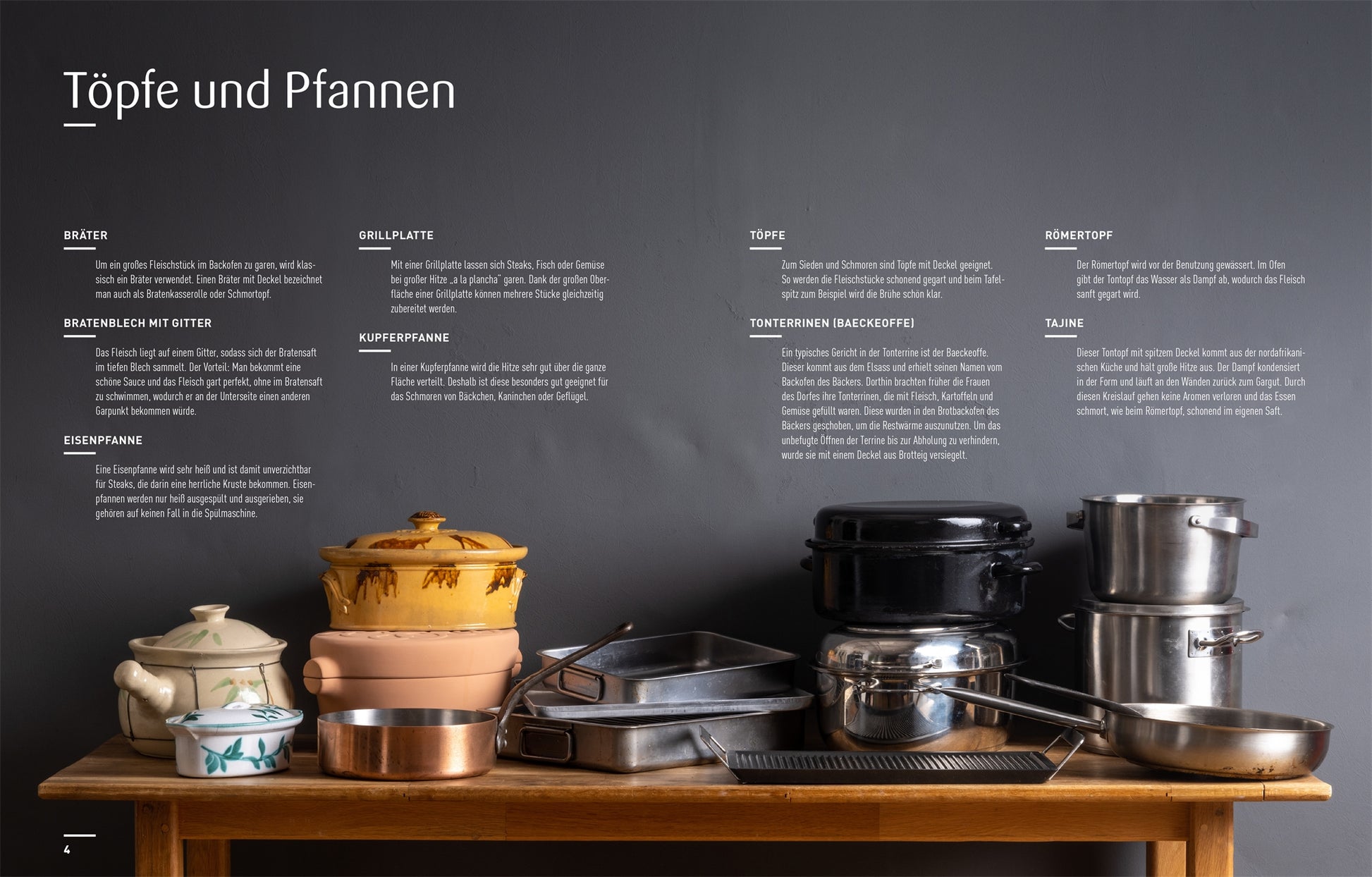 Auf einem Holztisch vor einer dunkelgrauen Wand sind verschiedene Kochtöpfe und Pfannen ausgestellt. Darüber steht der deutsche Text "Braten" aus dem DK Verlag mit Rezepten aus dem Sonntagsbraten Kochbuch.