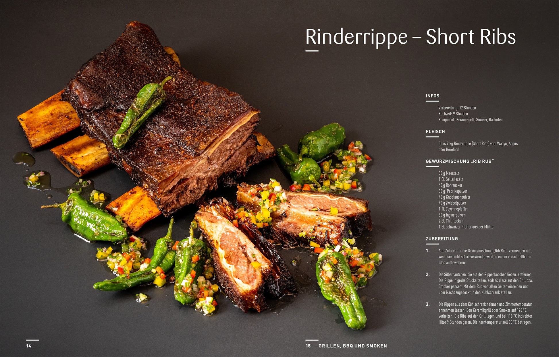 Drei Stücke gekochte Rinderrippchen mit Grillspuren, serviert mit gegrillten grünen Paprika und Salsa, sind auf einer dunklen Fläche angeordnet. Die Rezeptangaben aus dem Braten des DK Verlags sind auf der rechten Seite auf Deutsch abgebildet.