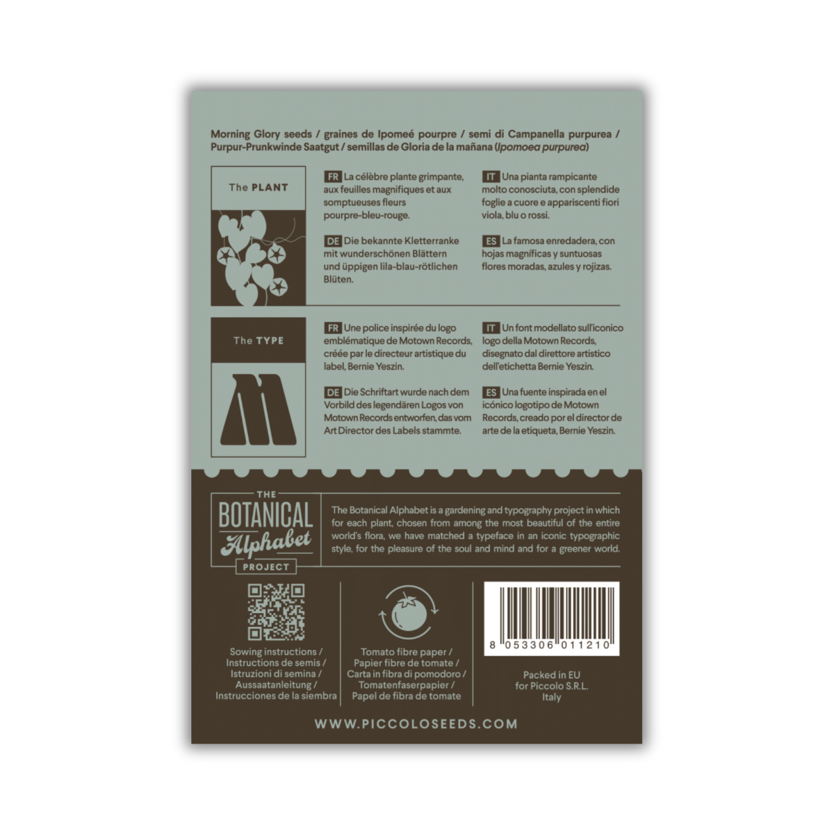 Die Rückseite der Prunkwinden-Packung von Piccolo Seeds (M) zeigt Sameninformationen auf Englisch, Französisch, Deutsch und Spanisch, Pflanzsymbole, einen QR-Code und Projektdetails. Lila-blau-rötliche Blüten auf braun-hellblauem Hintergrund. Marke: Piccolo Seeds.