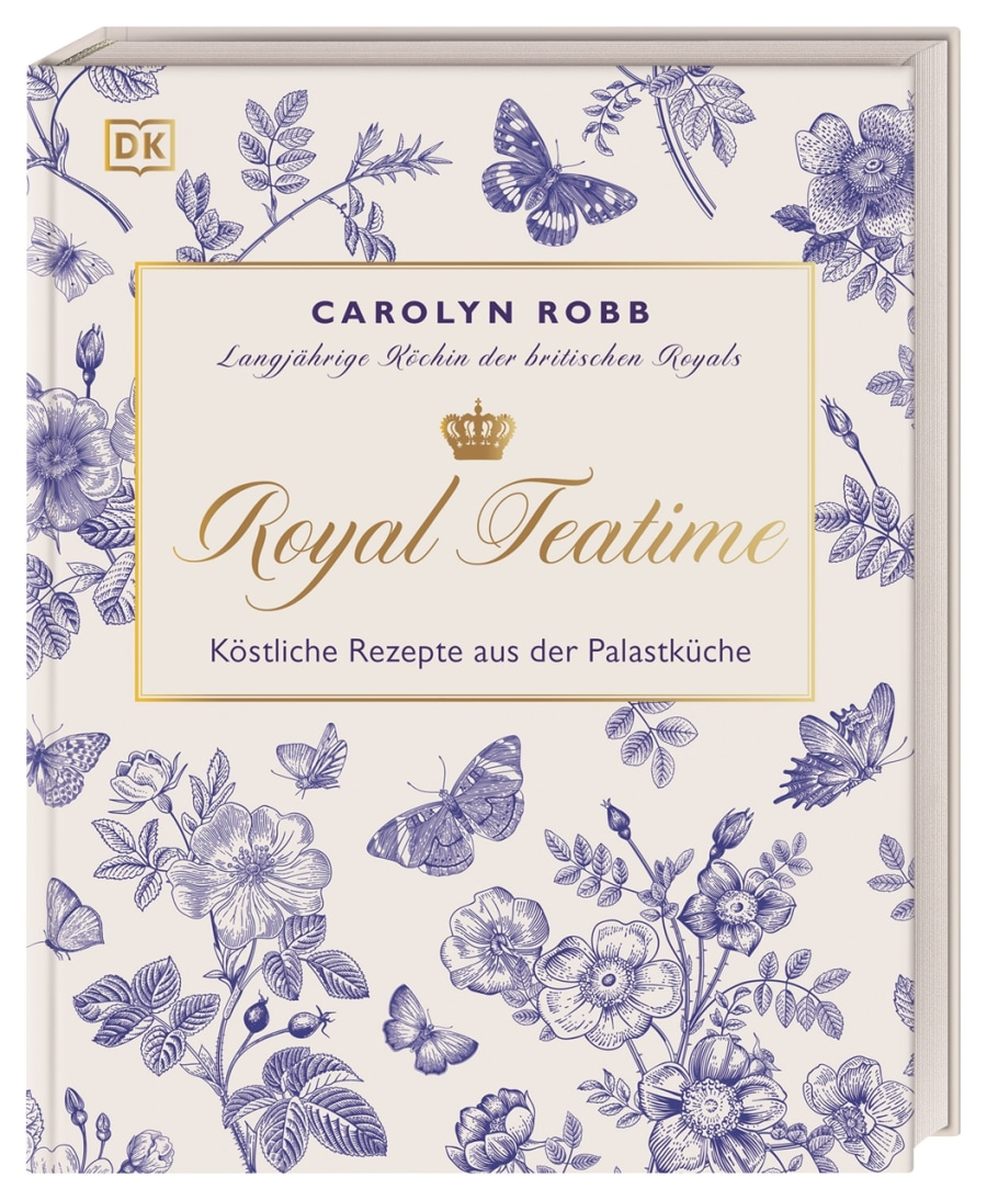 Buchcover von Royal TeaTime aus dem DK Verlag mit blauen Blumen-, Schmetterlings- und Vogelmotiven auf cremefarbenem Grund. Entdecken Sie royale Küche und Afternoon Tea Rezepte - köstliche Genüsse aus der Palastküche.