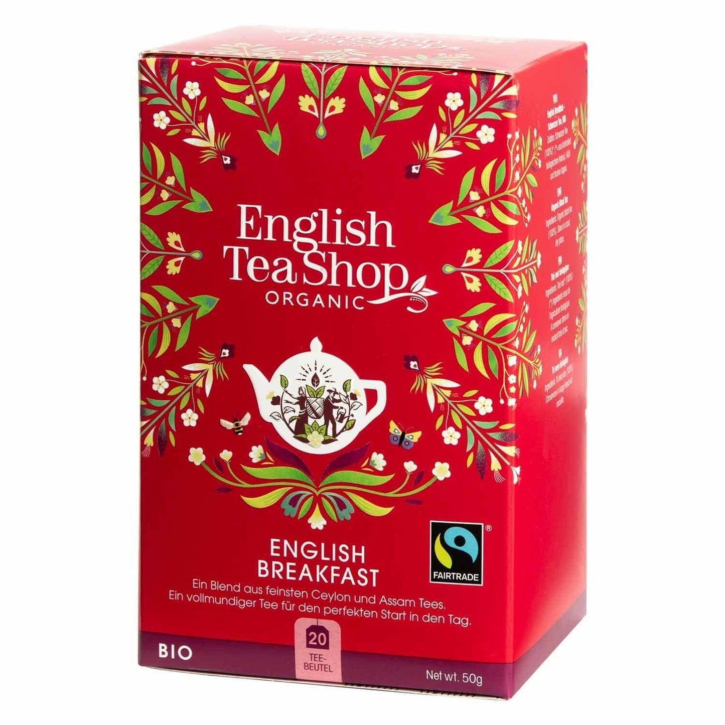 Eine rote Schachtel English Tea Shop – English Breakfast, BIO Fairtrade, 20 Teebeutel zeigt Blumenmuster, eine weiße Teekannengrafik und Zertifizierungslogos – perfekt für eine genussvolle Teezeit mit diesem aromatischen Klassiker.