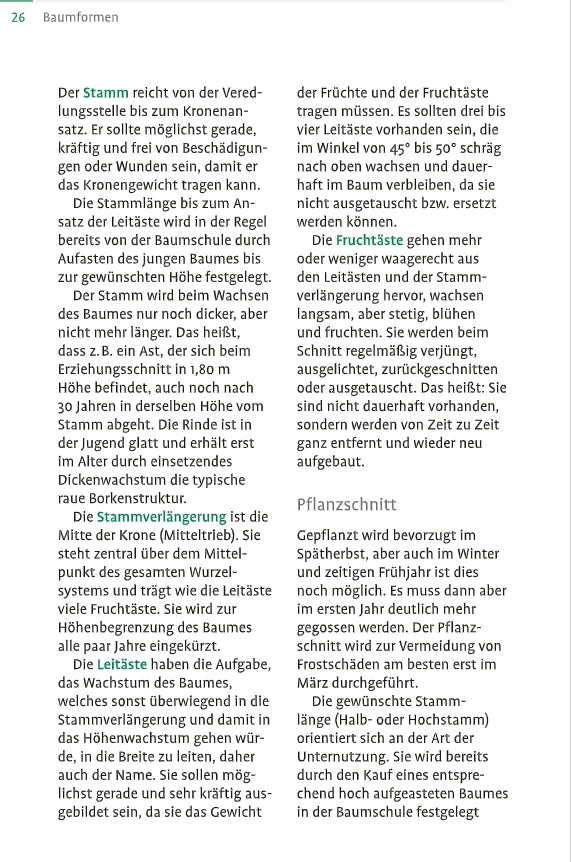 Eine Seite aus dem "1x1 des Obstbaumschnitts" des Verlags Eugen Ulmer enthält zwei Textspalten zu Baumformen, Wachstum und Schnittmethoden wie Apfelbaum schneiden. Wichtige Begriffe wie Obstbaumschnitt sind grün und blau hervorgehoben; keine Bilder. Seite 26 oben links.