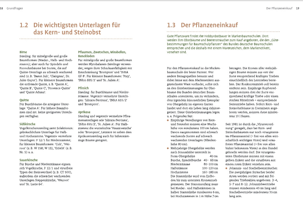 Eine Doppelseite aus dem Obstbaumschnitt des Verlags Eugen Ulmer zeigt in Spaltenform mit grünen und orangefarbenen Überschriften, fettgedruckten Begriffen und Texten zu Kern- und Steinobstunterlagen, Pflanzenkauf und Pflegehinweisen.