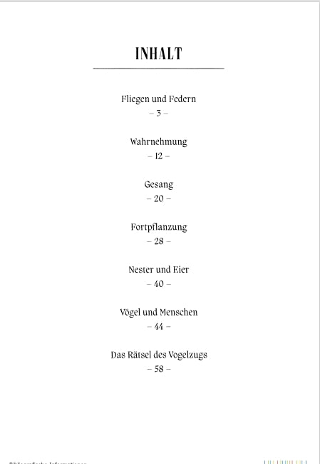 Das deutsche Inhaltsverzeichnis mit dem Titel „INHALT“ in Heimische Vögel vom Thorbecke Verlag präsentiert faszinierende Fakten über Vögel: Flug, Federn, Sinne, Gesang, Brut, Nester und Eier, Vogel-Mensch-Interaktion und Geheimnisse der Vogelwanderung – alles mit Seitenzahlen.
