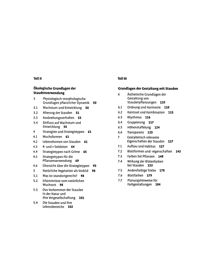 In der „Neuen Staudenverwendung“ des Verlags Eugen Ulmer umfasst das deutsche Inhaltsverzeichnis zwei Abschnitte – Ökologische Grundlagen und Gestaltungsprinzipien – mit nummerierten Überschriften, Beispielen und Seitenzahlen in schwarzer serifenloser Schrift auf weißem Grund.
