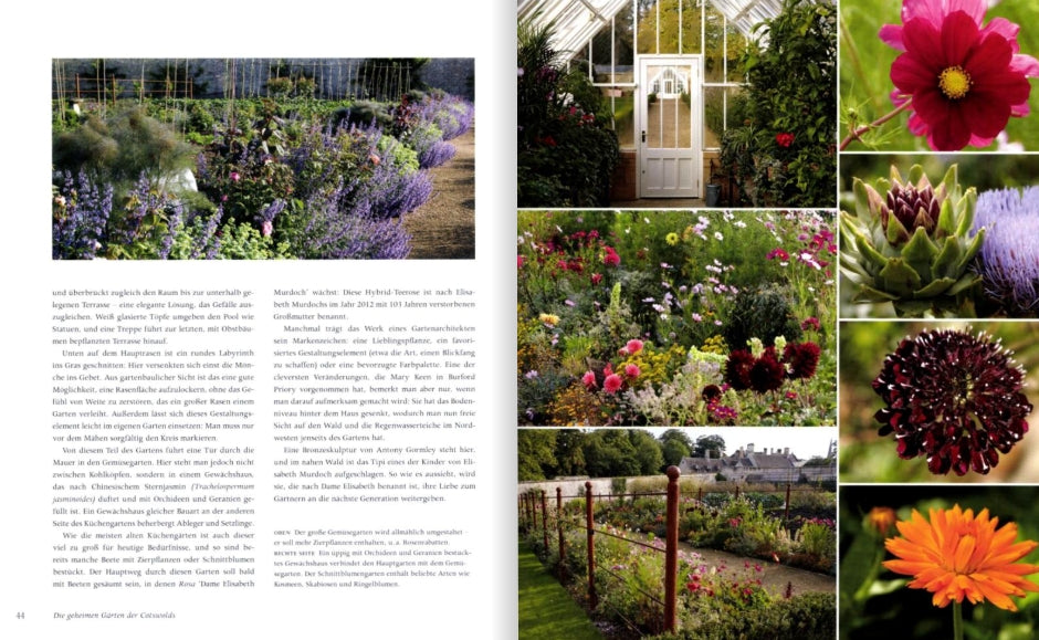 Eine Doppelseite aus "Die Geheimen Gärten der Cotswolds" vom Gerstenberg Verlag zeigt links Text und ein Foto eines englischen Blumenbeetes, rechts ein Gewächshaus, bunte Gärten und einen mit Blumen gesäumten Weg.