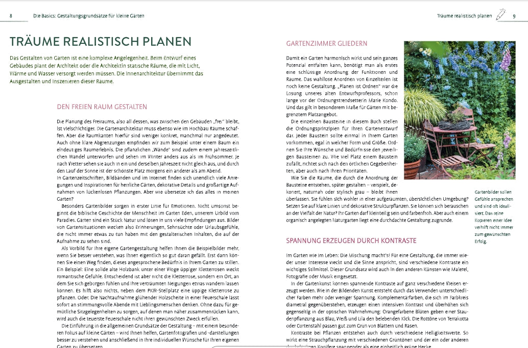 Die deutsche Magazinstrecke präsentiert „Kleine Gärten gekonnt gestalten“ vom Ulmer Verlag mit grünen Überschriften, Spaltentext und Bildern, die eine Gartenskizze und rosa blühende Gartenelemente illustrieren.