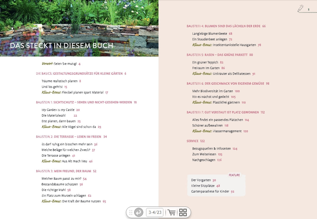 Das Inhaltsverzeichnis von „Kleine Gärten gekonnt gestalten“ aus dem Ulmer Verlag zeigt deutsche Abschnittsüberschriften und Seitenzahlen auf hellem Hintergrund, darüber ein Gartenfoto mit Gras, Blumen und einer Steinmauer.