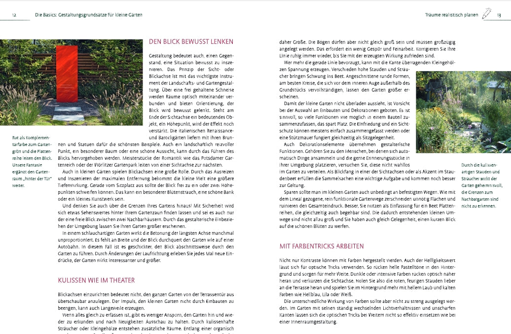 Eine deutsche Zeitschrift zeigt Garten-Gestaltungs-Tipps mit "Kleine Gärten gekonnt gestalten" aus dem Ulmer Verlag. Die linke Seite zeigt ein rotes Tor umrahmt von Gartenelementen, die rechte Seite bietet Ideen für ein harmonisches Gesamtbild.