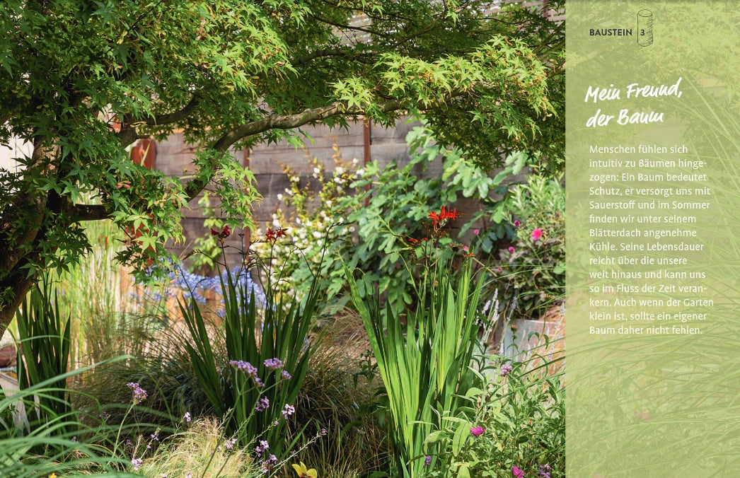 Ein üppiger Garten mit hohem Gras, blühenden Pflanzen und einem belaubten Baum aus "Kleine Gärten gekonnt gestalten" vom Ulmer Verlag. Das Sonnenlicht fällt durch die Äste, während rechts ein deutscher Text über Bäume erscheint.