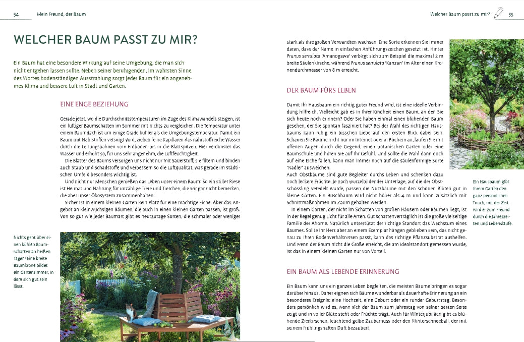 Eine Gartenszene mit Holztisch und Stühlen unter einem belaubten Baum, umgeben von Blumen und Sonnenlicht; ein deutscher Text aus "Kleine Gärten gekonnt gestalten" des Ulmer Verlags vervollständigt das harmonische Gesamtbild.