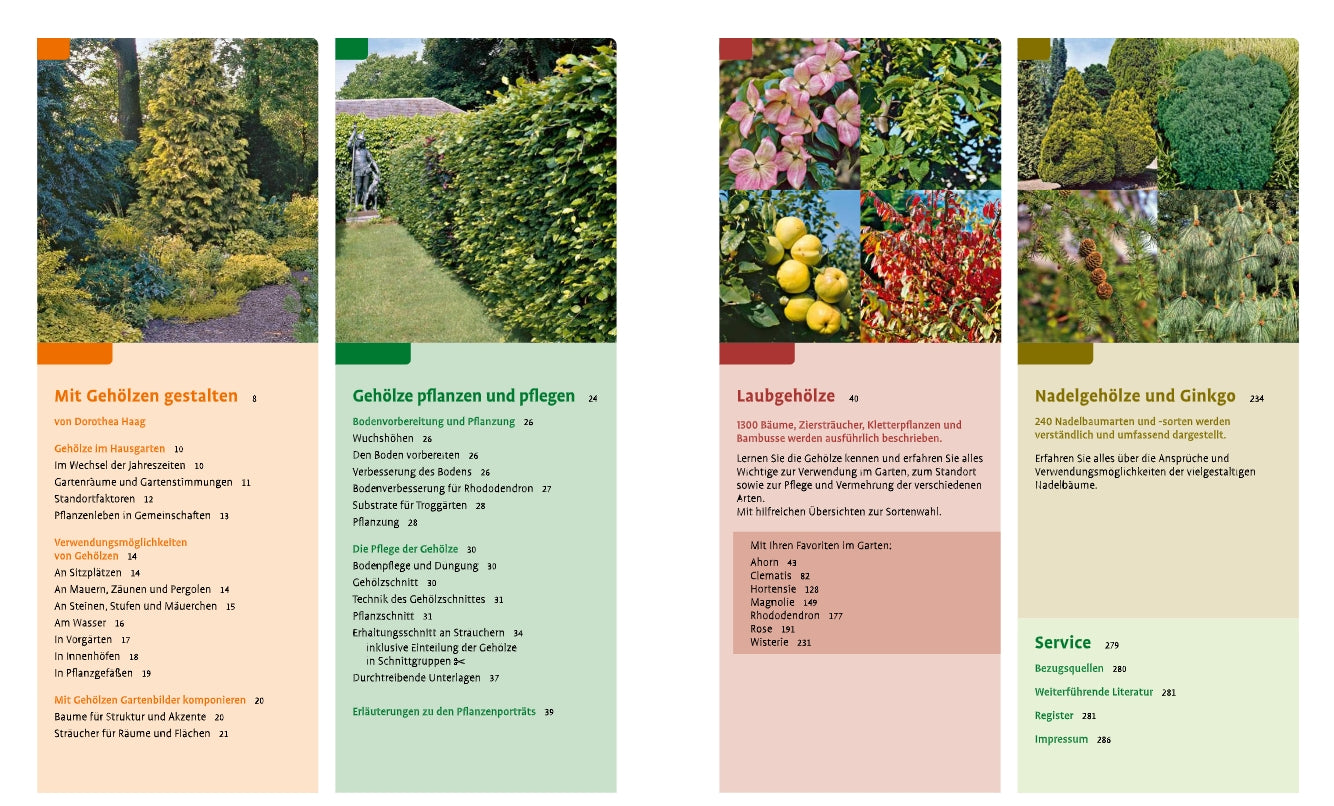Zwei Seiten aus "Gehölze von A-Z" des Ulmer Verlags zeigen farbenfrohe Pflanzenfotos und deutsch betitelte Abschnitte über Gartengestaltung, Gehölze für den Garten, Bäume und Sträucher, jeweils mit Themen, Seitenzahlen und einem praktischen Serviceteil.