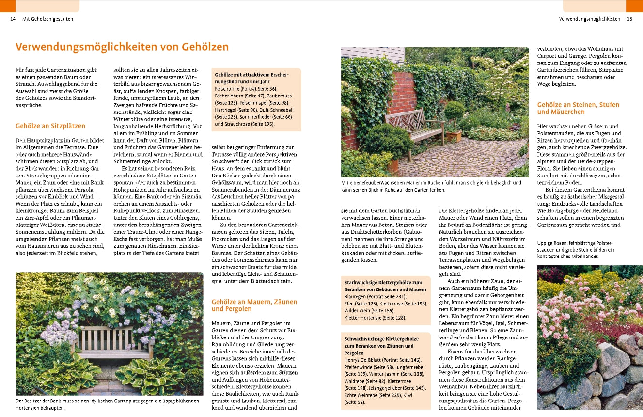 Ein deutsches Magazin über Gartengestaltung mit "Gehölze von A-Z" aus dem Ulmer Verlag zeigt Textkolumnen und Fotos von üppigen Gärten, Bänken, Steinwegen, blühenden Pflanzen und gepflegten Grünanlagen.