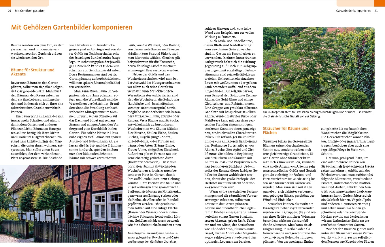Eine zweiseitige deutsche Zeitschrift über Gartengestaltung zeigt ein Backsteinhaus, einen eingezäunten Garten, üppige Beete und grüne Sträucher. Die "Gehölze von A-Z" des Ulmer Verlags zeigen bunt blühende Sträucher und Bäume.