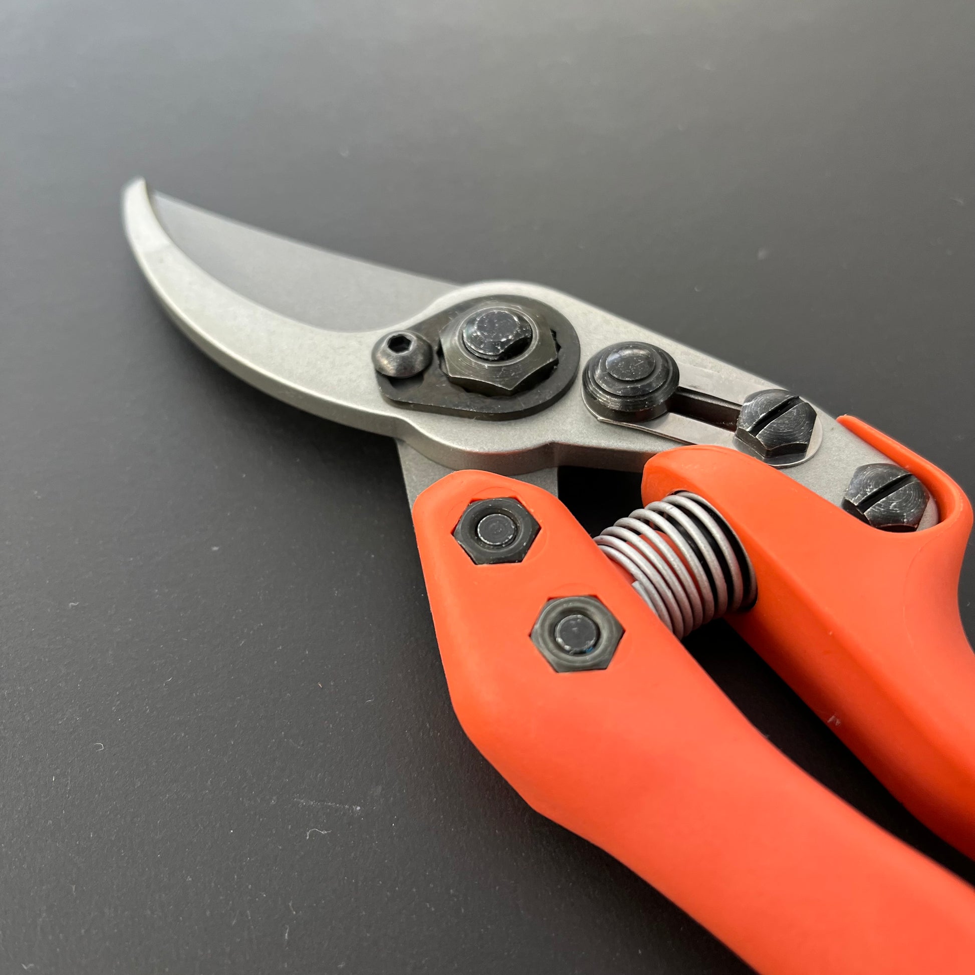 Nahaufnahme einer Löwe Original Löwe 11 – Classic Power Cut Gartenschere mit orangefarbenen Griffen und Metallklinge, die die Feder und Schrauben zeigt, die präzises Schneiden gewährleisten.