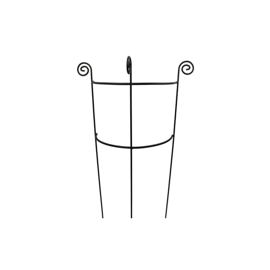 Der 4x Staudenhalter HUGO halbrund von der Königlichen Gartenakademie besteht aus schwarzem Metall, zwei vertikalen Stäben und nach außen gerichteten Spiralaufsätzen in einem minimalistischen Design mit offenem Rahmen - perfekt für die stilvolle Unterstützung von Pflanzen.