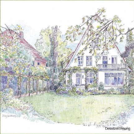 Eine detaillierte Skizze eines zweistöckigen Hauses mit großen Fenstern und einem steilen Dach, eingerahmt von Bäumen und üppigem Grün, präsentiert das 5 Euro pro Quadratmeter Konzept – Gartendesign der Königlichen Gartenakademie.