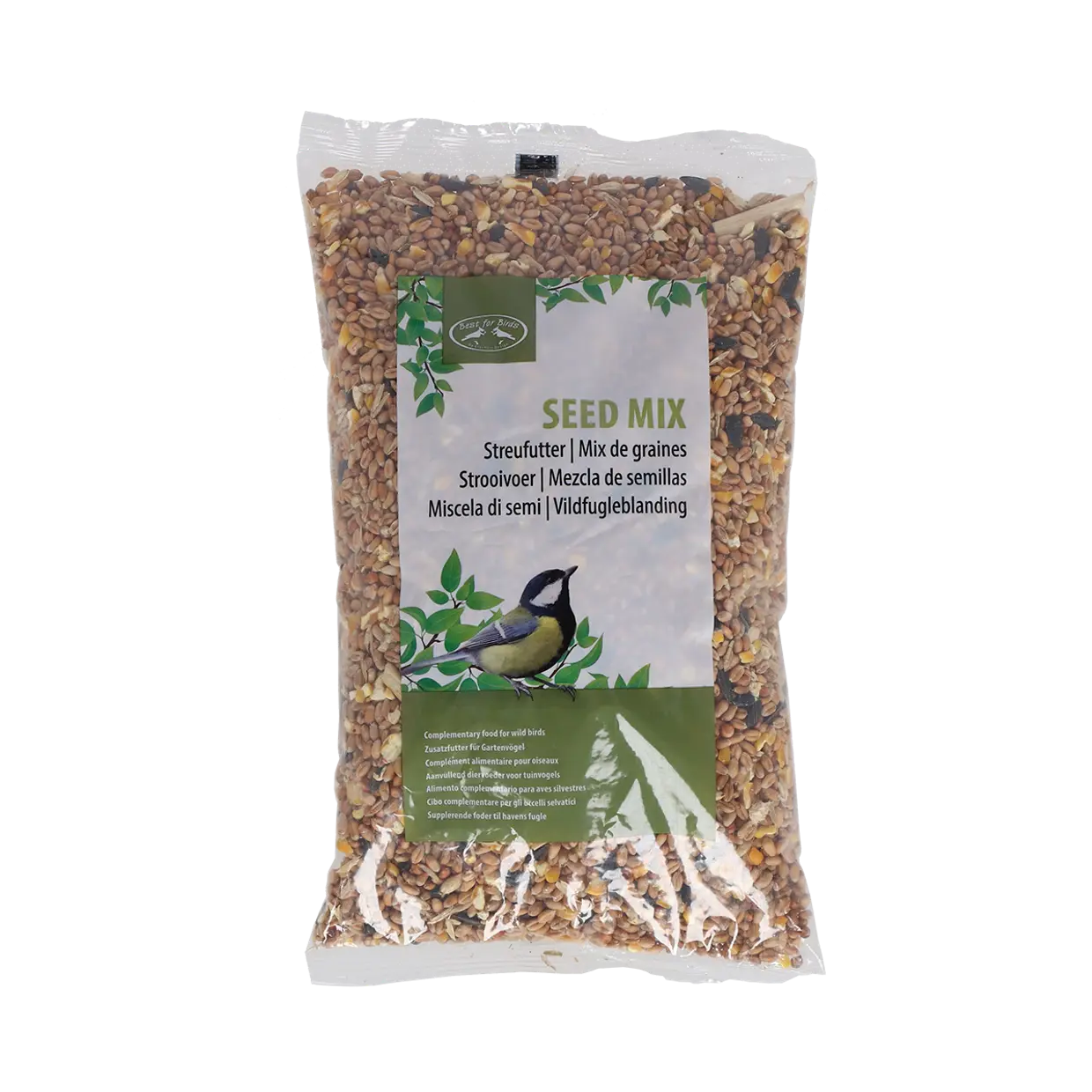 Eine durchsichtige Plastiktüte Esschert Streufutter (1 kg) mit hochwertigen Sonnenblumenkernen, Hirse, Weizen- und Hanfsamen, mehrsprachig beschriftet; zeigt einen Vogel auf einem Ast und ist ideal zur Vogelfütterung.