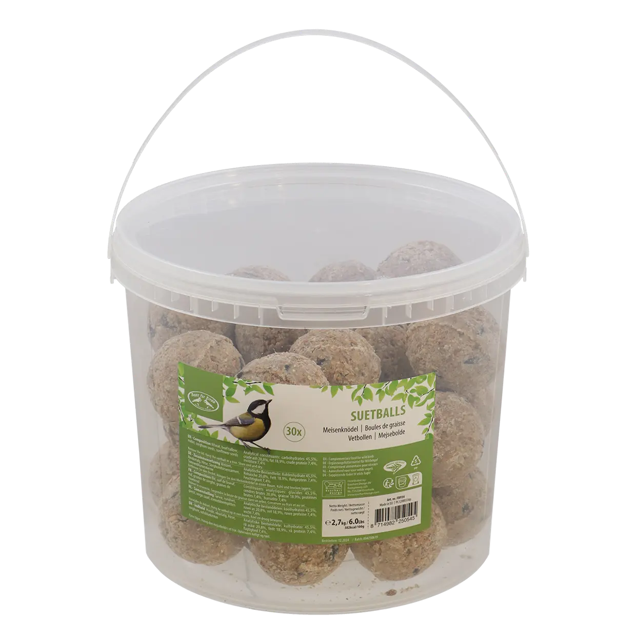 Der Esschert Meisenknödel ohne Netz (30 Stk.) kommt in einem durchsichtigen Kunststoff-Eimer mit Griff für Wildvögel im Garten. Der Becher hat ein grünes Etikett mit einem Singvogel und Produktdetails.