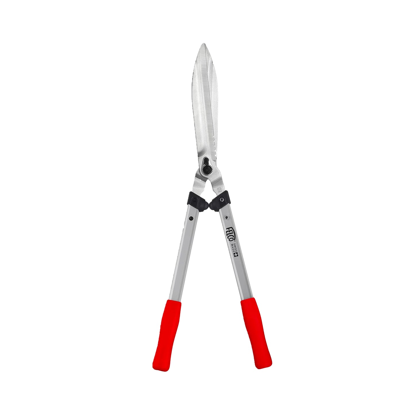 Die Heckenschere Felco 250-63 von Felco verfügt über lange silberne Klingen und ergonomisch geformte Griffe mit leuchtend roten Gummigriffen für bequemes, präzises Trimmen (abgebildet vor einem weißen Hintergrund).