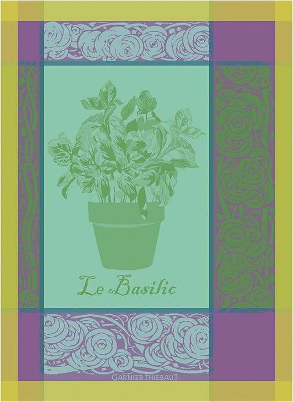 Eine charmante Illustration einer getopften Basilikumpflanze mit dem Text "Le Basilic", umrahmt von floralen Motiven in Grün, Gelb und Violett - ideal für das Geschirrtuch Garnier Thiebaut 'Le Basilic' von der Königlichen Gartenakademie.