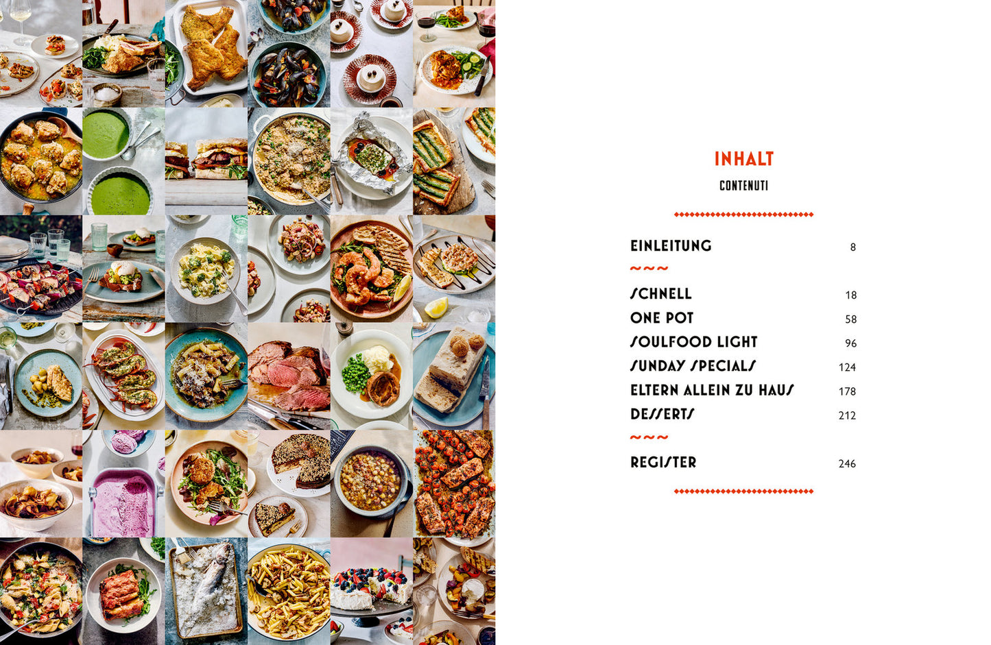 Links eine lebendige Collage von Gerichten und rechts ein übersichtliches Inhaltsverzeichnis aus „Ginos italienische Küche“ vom Hölker Verlag mit deutschen und italienischen Rezepten für die Familie, mit kräftigen roten und schwarzen Seitenzahlen.