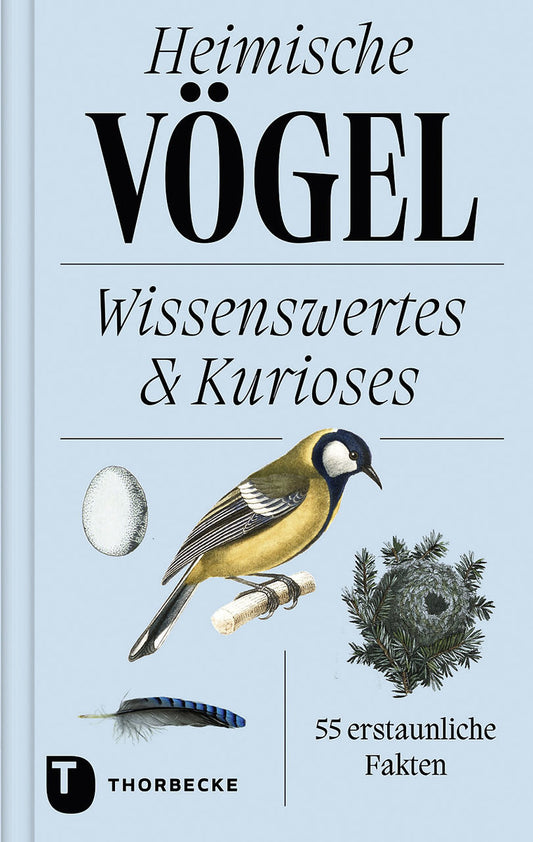 Das Buch „Heimische Vögel“ vom Thorbecke Verlag hat einen hellblauen Einband mit Abbildungen eines Vogels, seines Nestes, seines Eiers und seiner Feder. Der Untertitel beleuchtet 55 spannende Fakten aus unserer heimischen Vogelwelt.