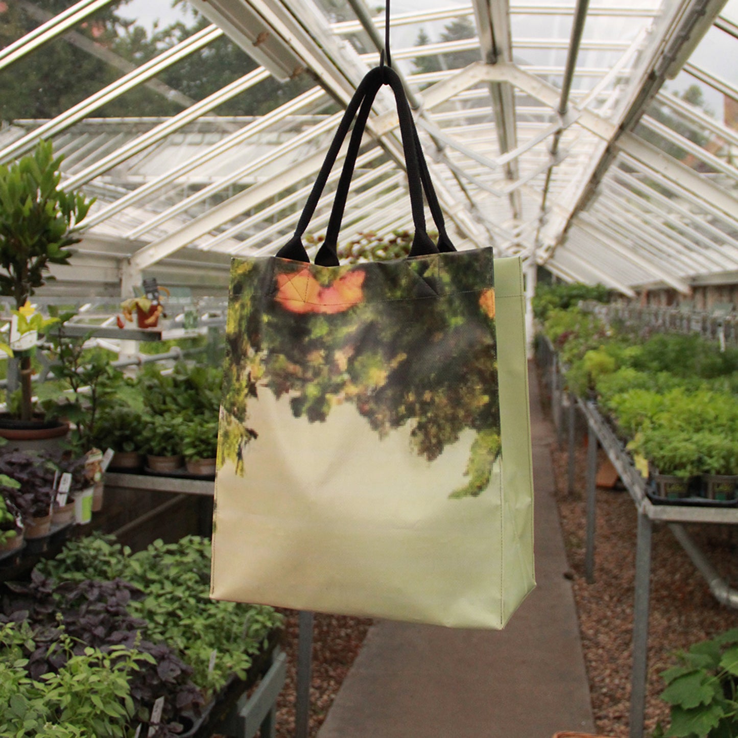 Die Upcycling KGA Shopper 'Orange' von Königliche Gartenakademie mit Nature-Print hängt im Gewächshaus zwischen grünen Pflanzen und Setzlingen auf Metallregalen unter dem Glasdach.