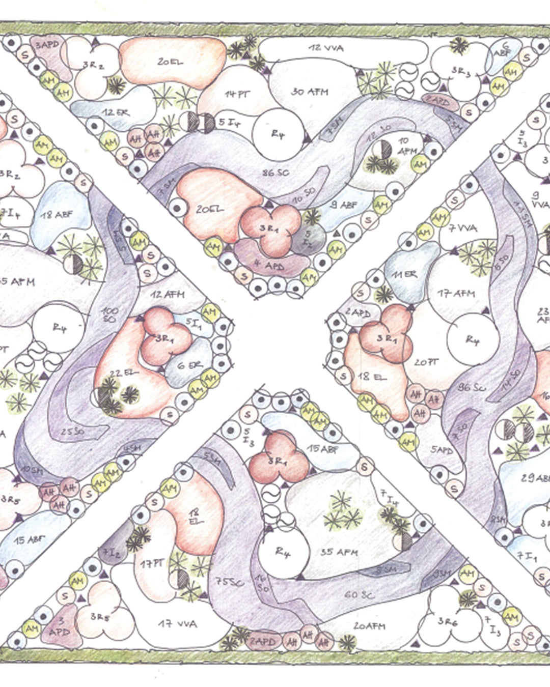 Handgezeichneter Gartenentwurf mit vier dreieckigen Abschnitten, gewundenen Wegen, beschrifteten Pflanzbereichen und einem zentralen offenen Raum - perfekt für die Beetgestaltung. Lernen Sie dies in der MASTER CLASS von Dr. Isabelle Van Groeningen am 19. und 20. März 2026, 10:00-16:30.