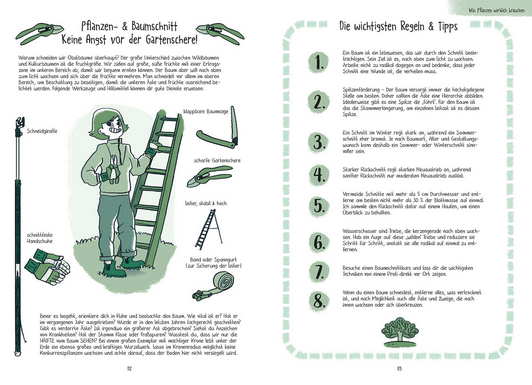 Zwei illustrierte Seiten aus "Gärtnern für Ahnungslose" vom Kosmos Verlag zeigen einen Gärtner, Werkzeuge, Diagramme, eine Leiter und nummerierte Tipps - ideal für Anfänger, die ihren Garten anlegen oder sich auf die Gemüseernte vorbereiten.