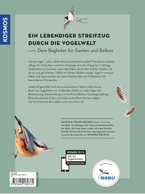 Auf der Rückseite von Das Buch der Gartenvögel aus dem Kosmos Verlag finden sich bezaubernde Vogelillustrationen, Federn, Infos zur Beobachtung von Gartenvögeln, Logos, ein Strichcode und links ein blaues Banner mit der Aufschrift "KOSMOS".