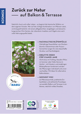 Rückseite des Buches "Wilde Kübel" vom Kosmos Verlag, ein deutsches Buch über insektenfreundliche Balkonbepflanzung und naturnahes Gärtnern, mit einem Foto von rosa und weißen Blumen, Logos und einem lila Hintergrund.